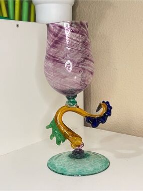 Vintage Hand Blown Art Glass Goblet Figural Stem Murano Style Swirl Chalice